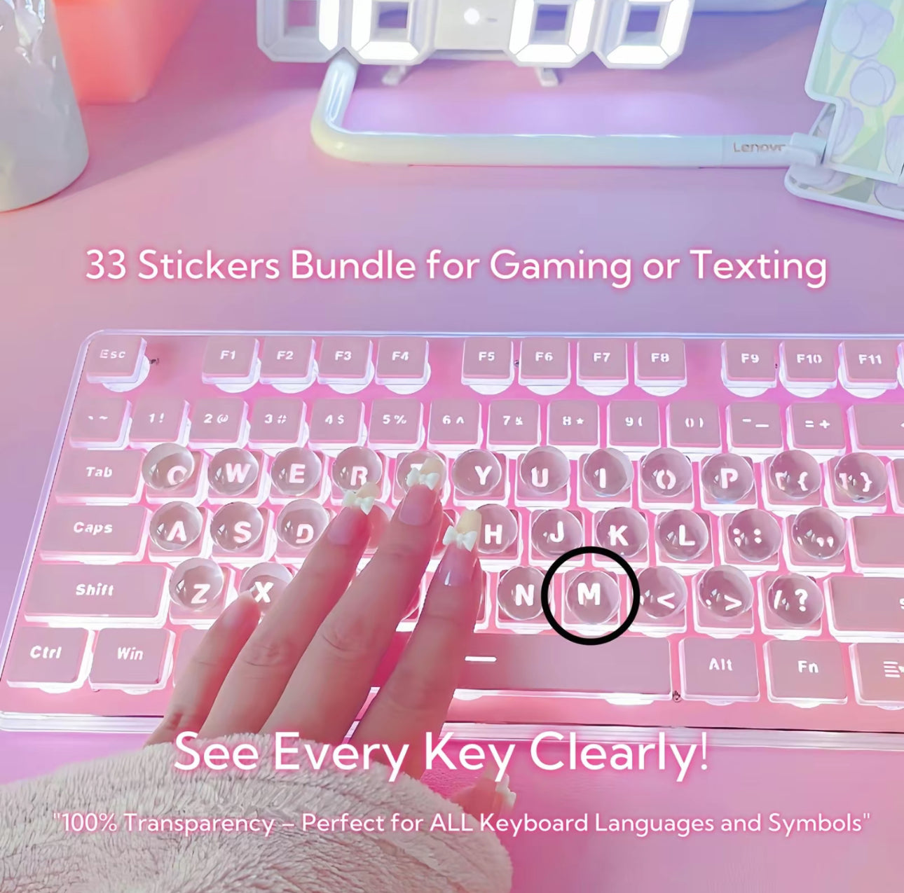 ClearType Nail-Friendly Stickers - 33 Transparent Glass Keyboard Stickers