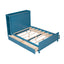 Lit plateforme bleu de taille complète avec tiroirs et étagères de rangement