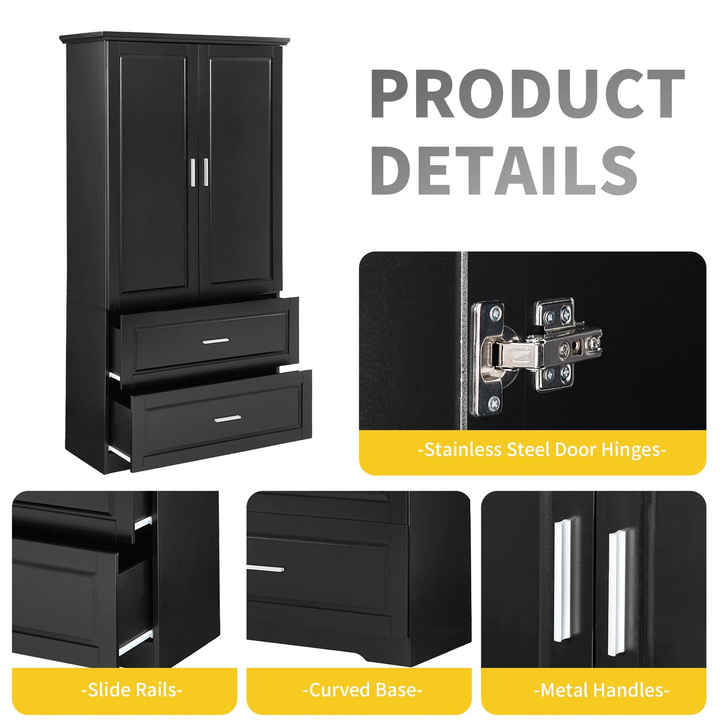 Tall Bathroom Storage Cabinet, Cabinet with Two Doors and Drawers, Adjustable Shelf, MDF Board, Black - Korvel