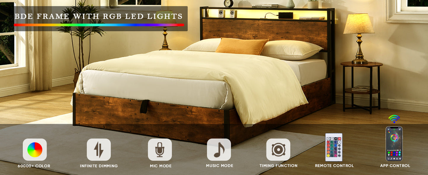 Elevating storage bed frame, full-size bed frame with bookshelf headboard and LED lights, with country brown color - Korvel