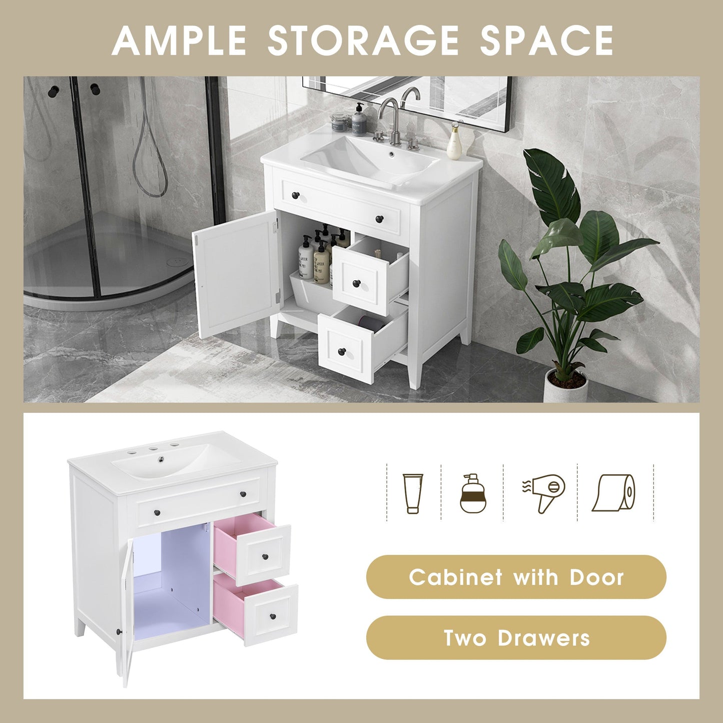 30" Bathroom Vanity with Sink Top, Bathroom Vanity Cabinet with Door and Two Drawers, Solid Wood Frame, One Package, White - Korvel