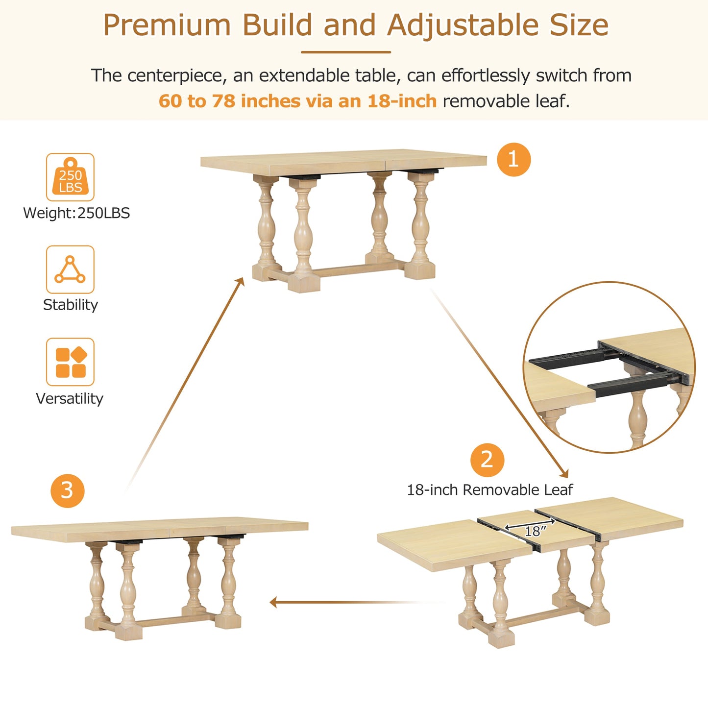 Traditional 6-Piece 78inch Trestle Extendable Dining Table Set with One 18inch Removable Leaf Padded Dining Chairs Bench,Natural - Korvel