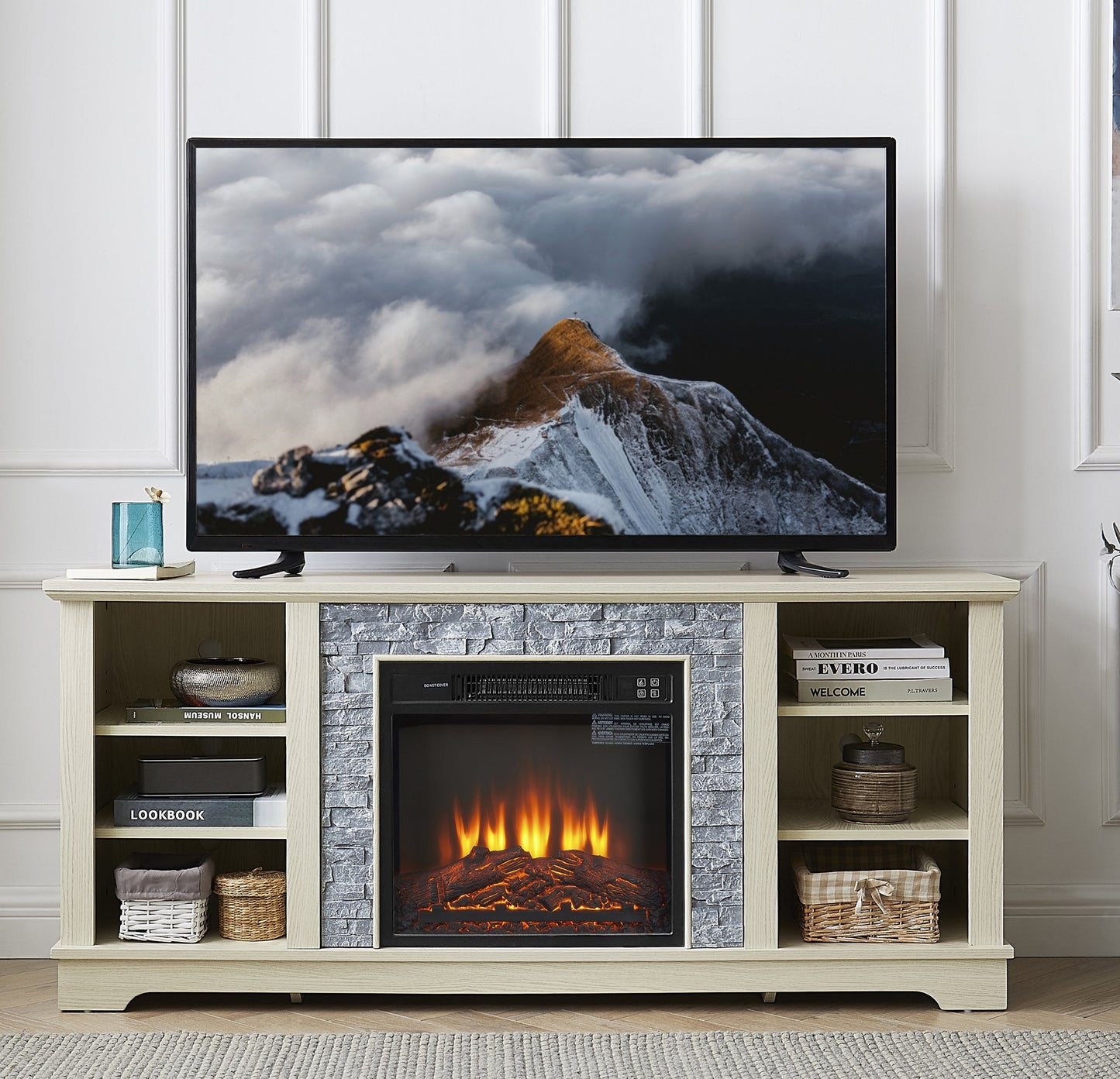 Meuble TV avec foyer électrique en pierre Mantel et rangement ouvert