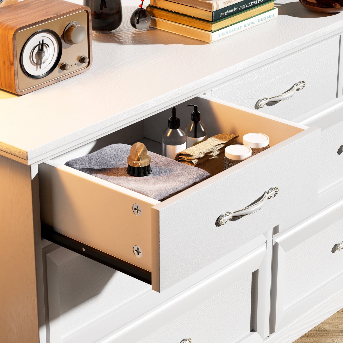 Modern 3 Drawer Bedroom Chest of Drawers with 7 Drawers Dresser Clothes Organizer -Metal Pulls White, 47.6″L x 15.7″W x 26.6″H - Korvel