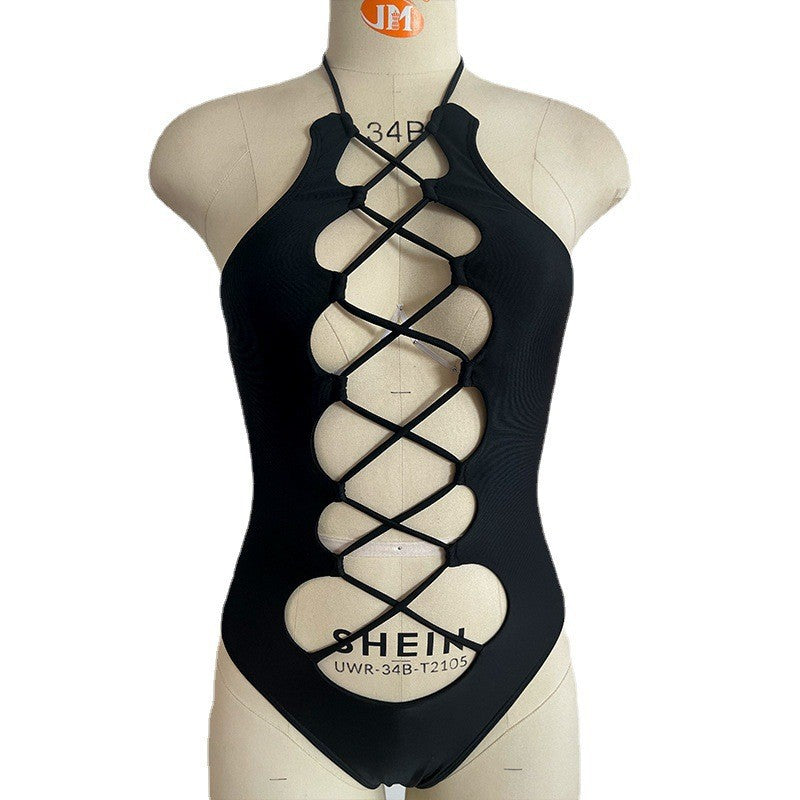 Swimsuit hollow strap sexy one-piece black tight swimsuit women's bikini - Korvel