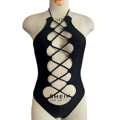 Swimsuit hollow strap sexy one-piece black tight swimsuit women's bikini - Korvel