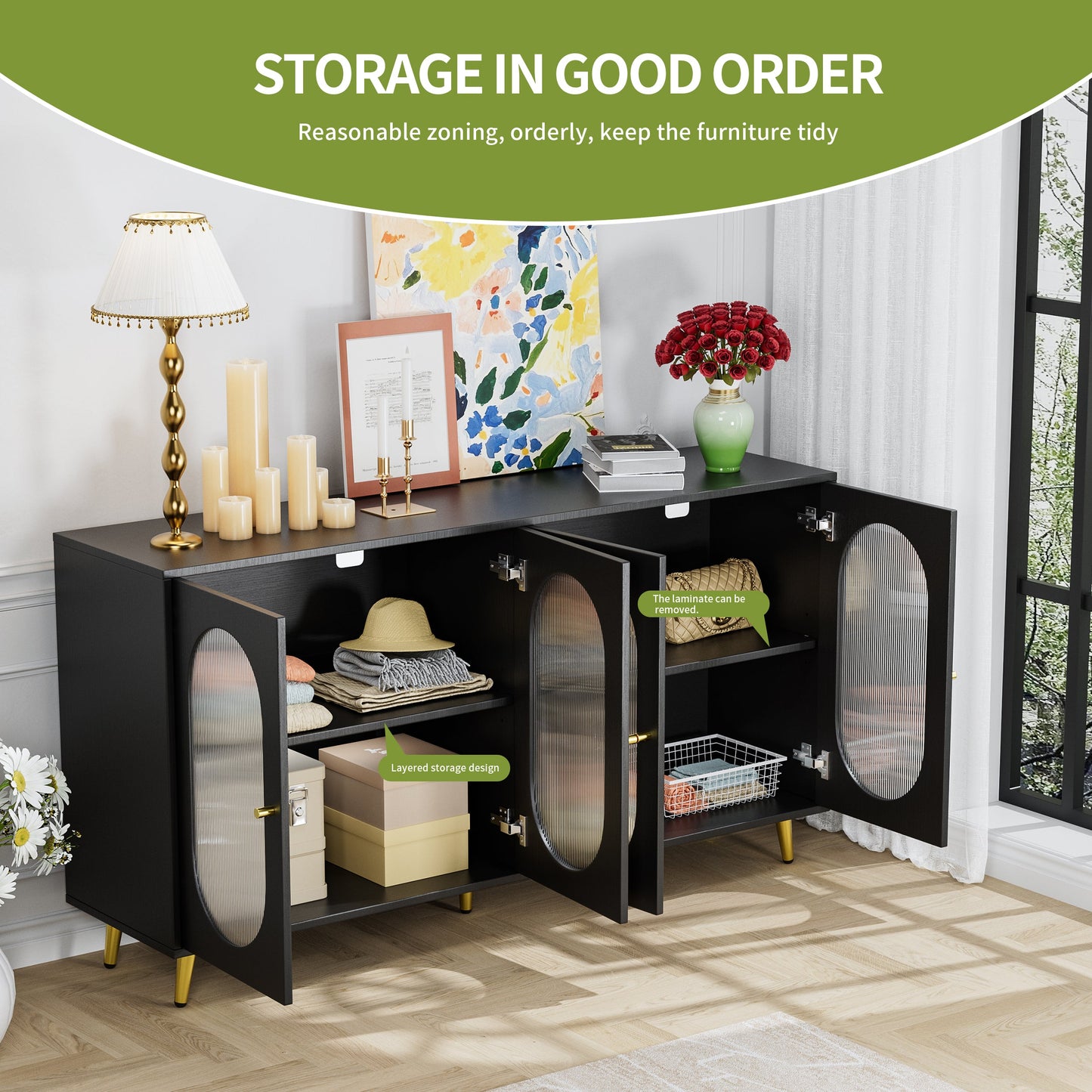 Modern Accent Sideboard Cabinet with Acrylic Doors, Freestanding Storage Cupboard Console Table for Kitchen Dining Black - Korvel