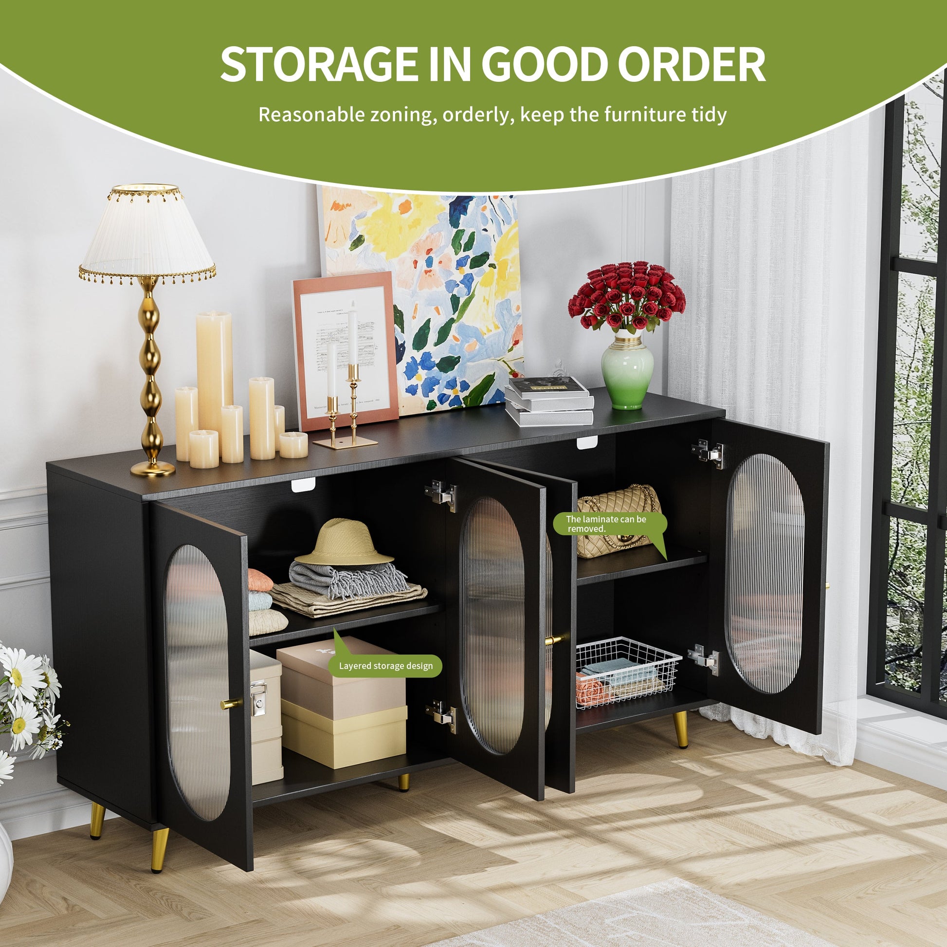 Modern Accent Sideboard Cabinet with Acrylic Doors, Freestanding Storage Cupboard Console Table for Kitchen Dining Black - Korvel