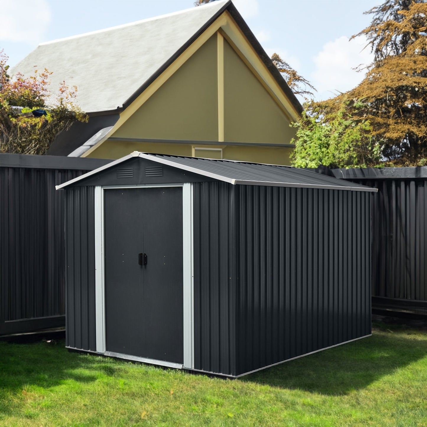 8ft x 10ft Outdoor Metal Storage Shed with Floor Base Black - Korvel