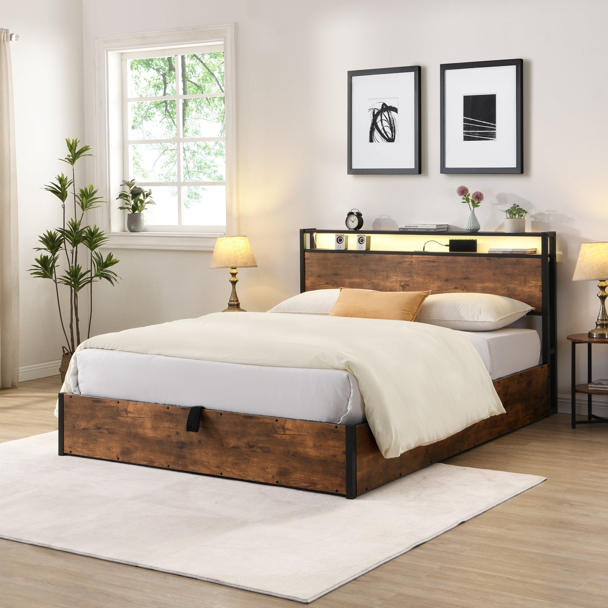 Elevating storage bed frame, full-size bed frame with bookshelf headboard and LED lights, with country brown color - Korvel