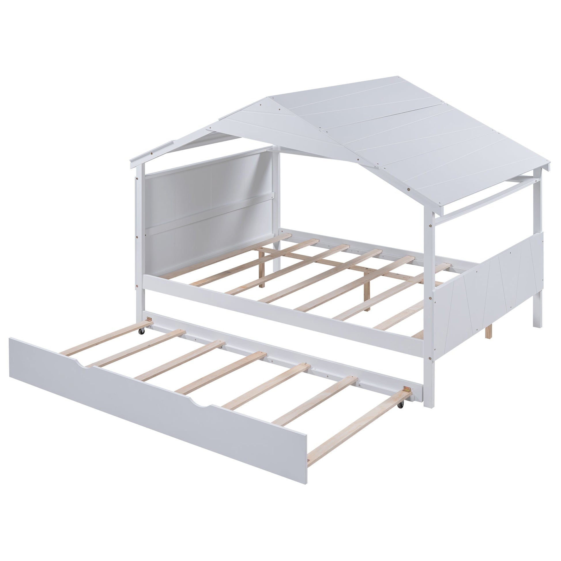 Wood Full Size House Bed with Twin Size Trundle and Storage  White - Korvel