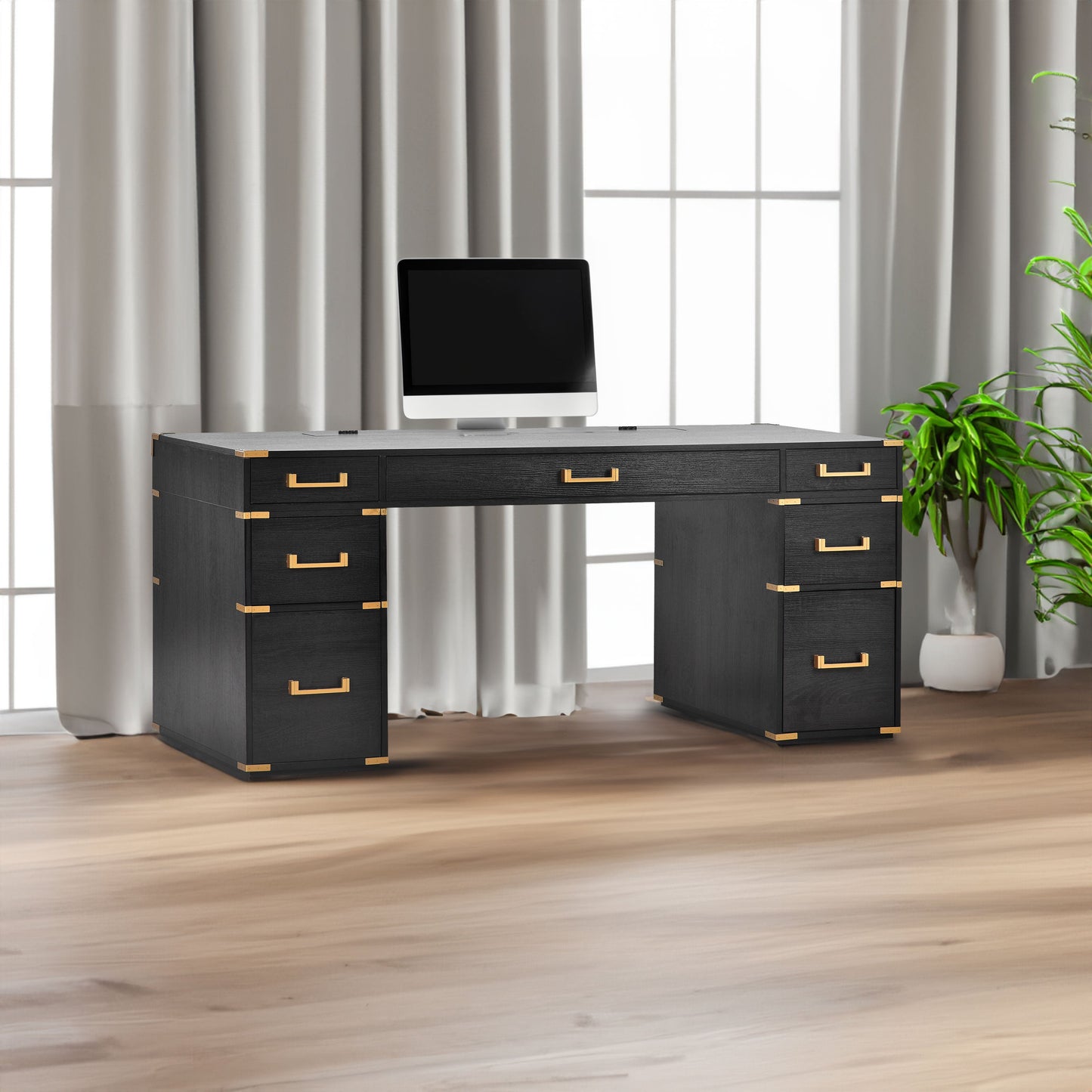 70 inch classic and traditional executive desk with metal trim, writing desk with 2 file drawers, USB ports, and sockets, black - Korvel