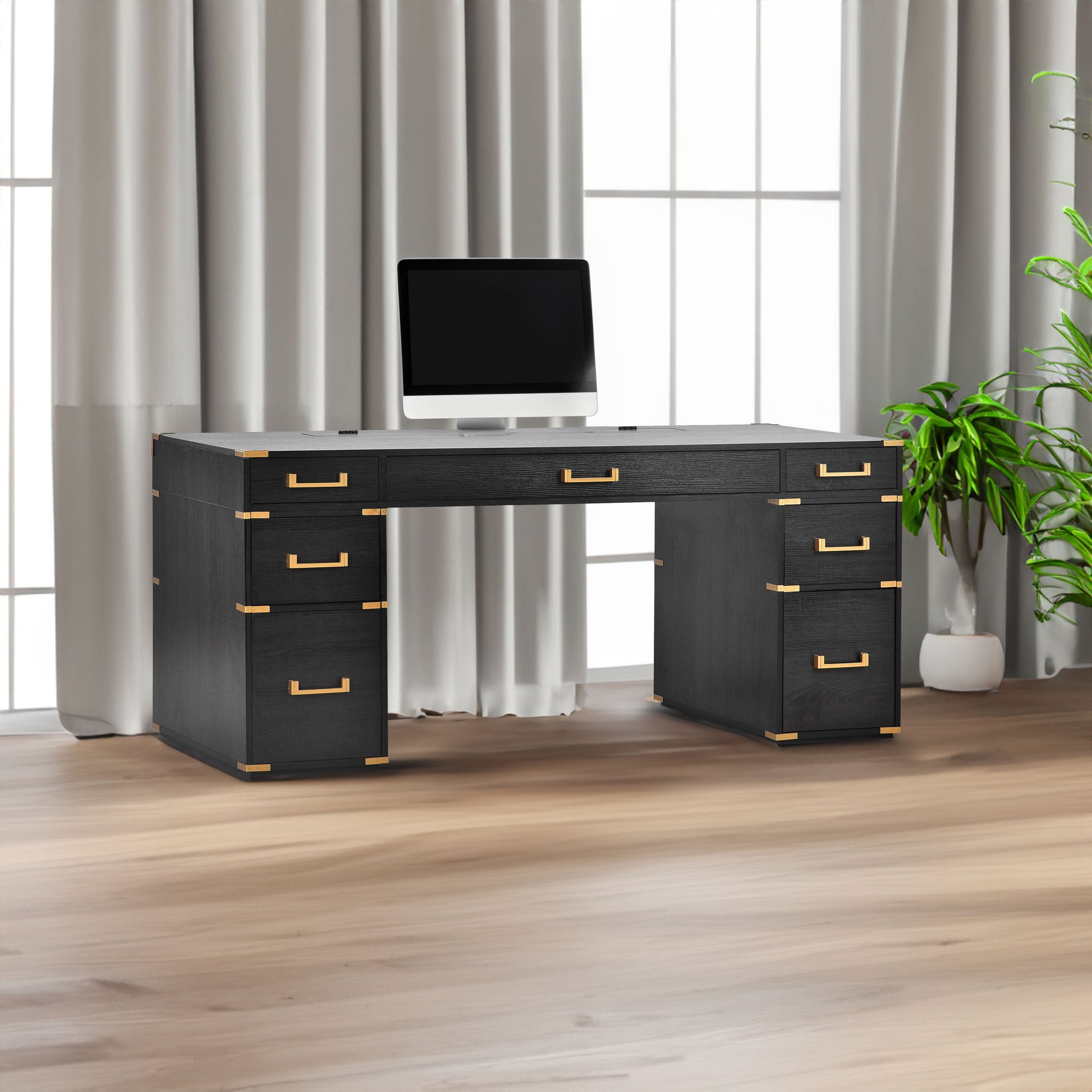 70 inch classic and traditional executive desk with metal trim, writing desk with 2 file drawers, USB ports, and sockets, black - Korvel