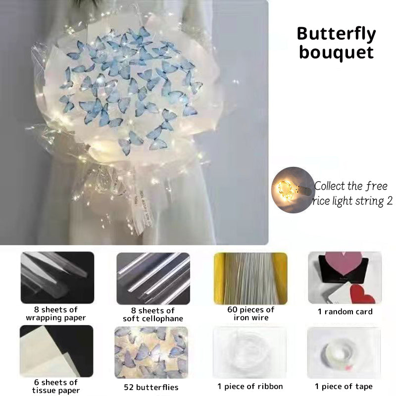 New DIY Butterfly Bouquets Handmade Butterfly Flower Material Package Bouquet with Light String Wedding Decor Gift for Girlfrien - Korvel