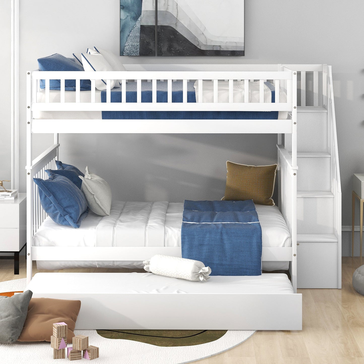 Full over Full Bunk Bed with Trundle and Staircase White - Korvel