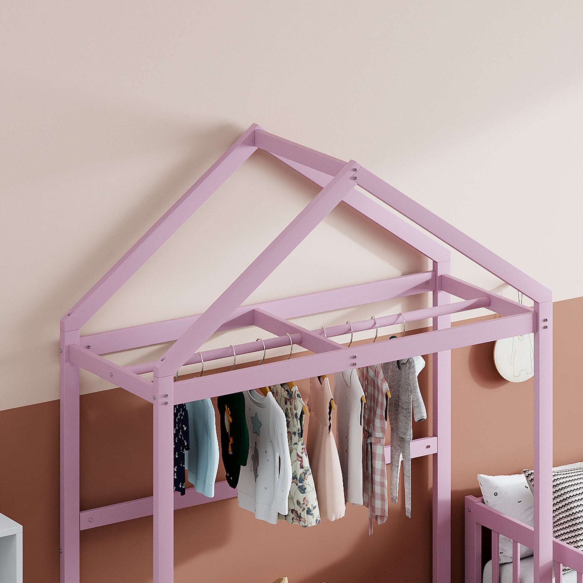 Wooden Full Size Children's Bed with Detachable Headboard and Integrated Clothes Drying Rack, Pink - Korvel