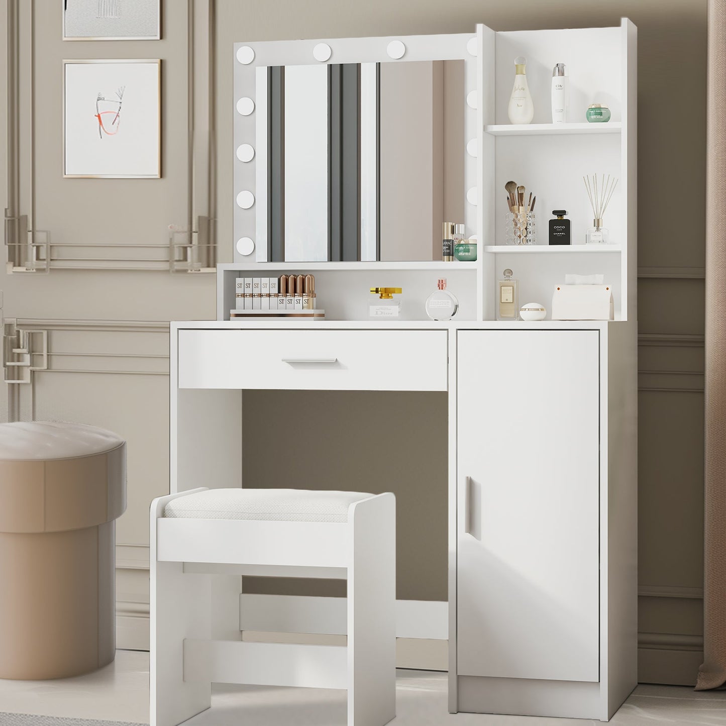 Elegant Lighted Vanity with Large Drawer and Adjustable Brightness