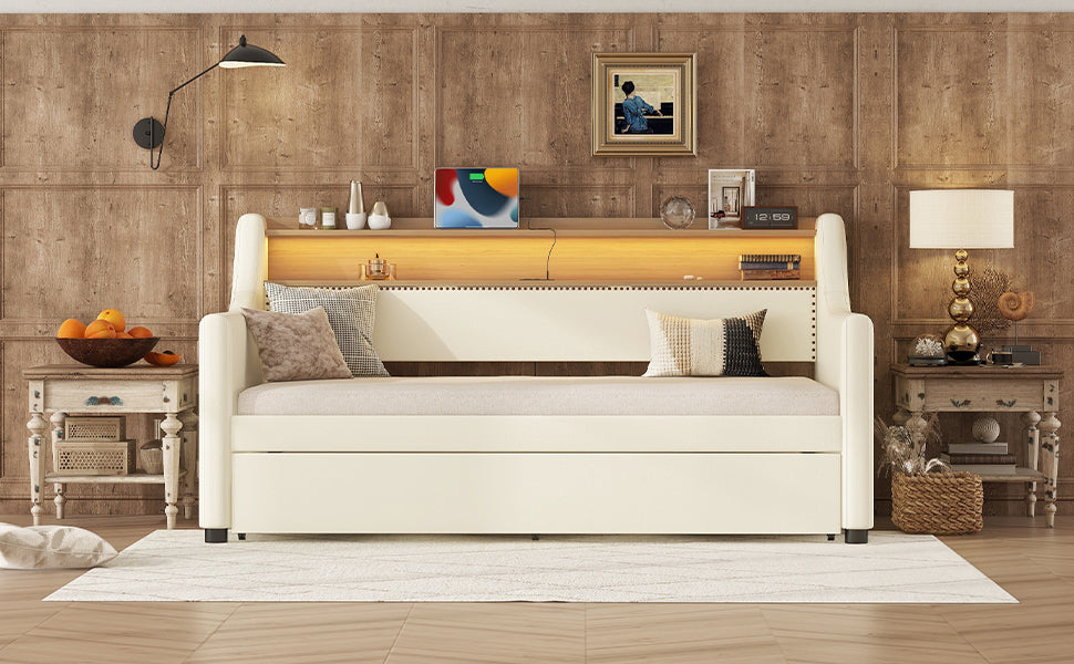 Twin Size Daybed with Trundle, Upholstered Daybed with Charging Station and LED Lights, White - Korvel