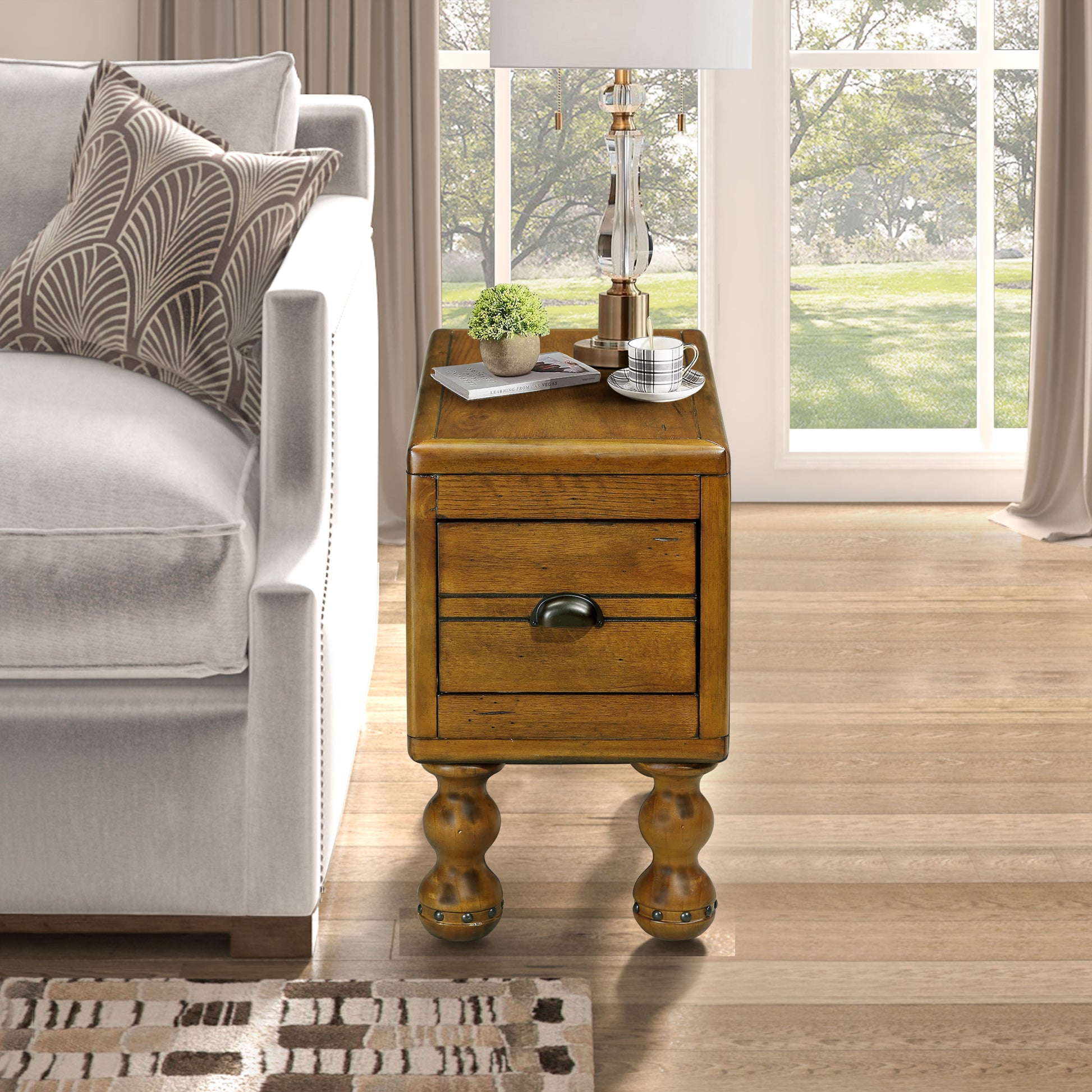 Solid wood end table, rectangular 23.6 inch narrow edge table with drawers, vintage bedside table， Antique Brown - Korvel