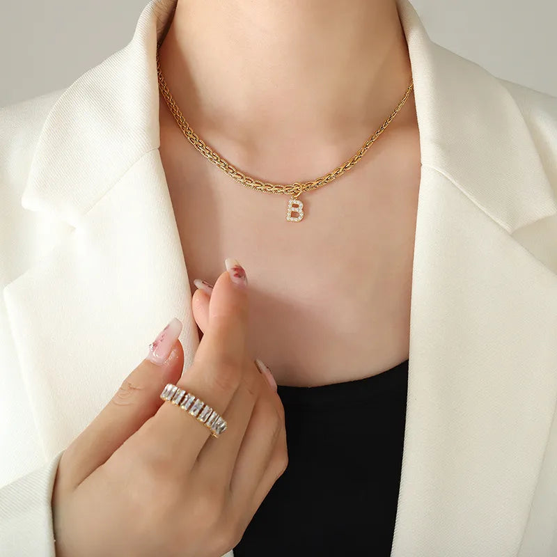 Brass Inlaid Zircon Letter Pendant Necklace - Korvel