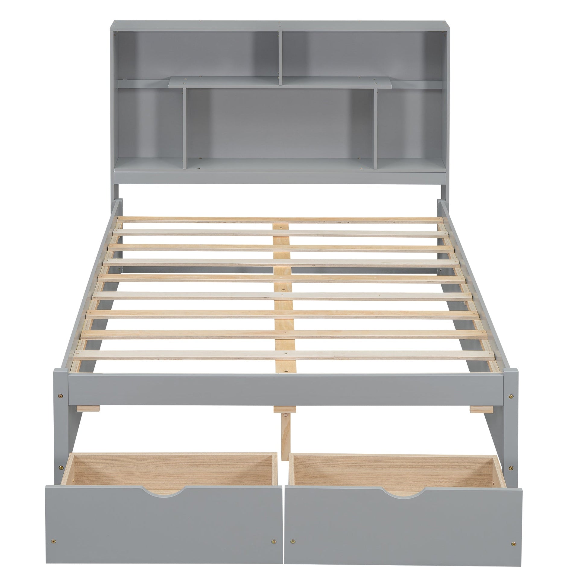 Full Size Platform Bed with Storage Headboard and 2 Drawers, Gray - Korvel