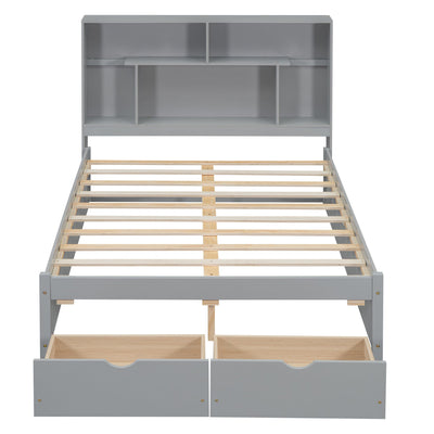 Full Size Platform Bed with Storage Headboard and 2 Drawers, Gray - Korvel
