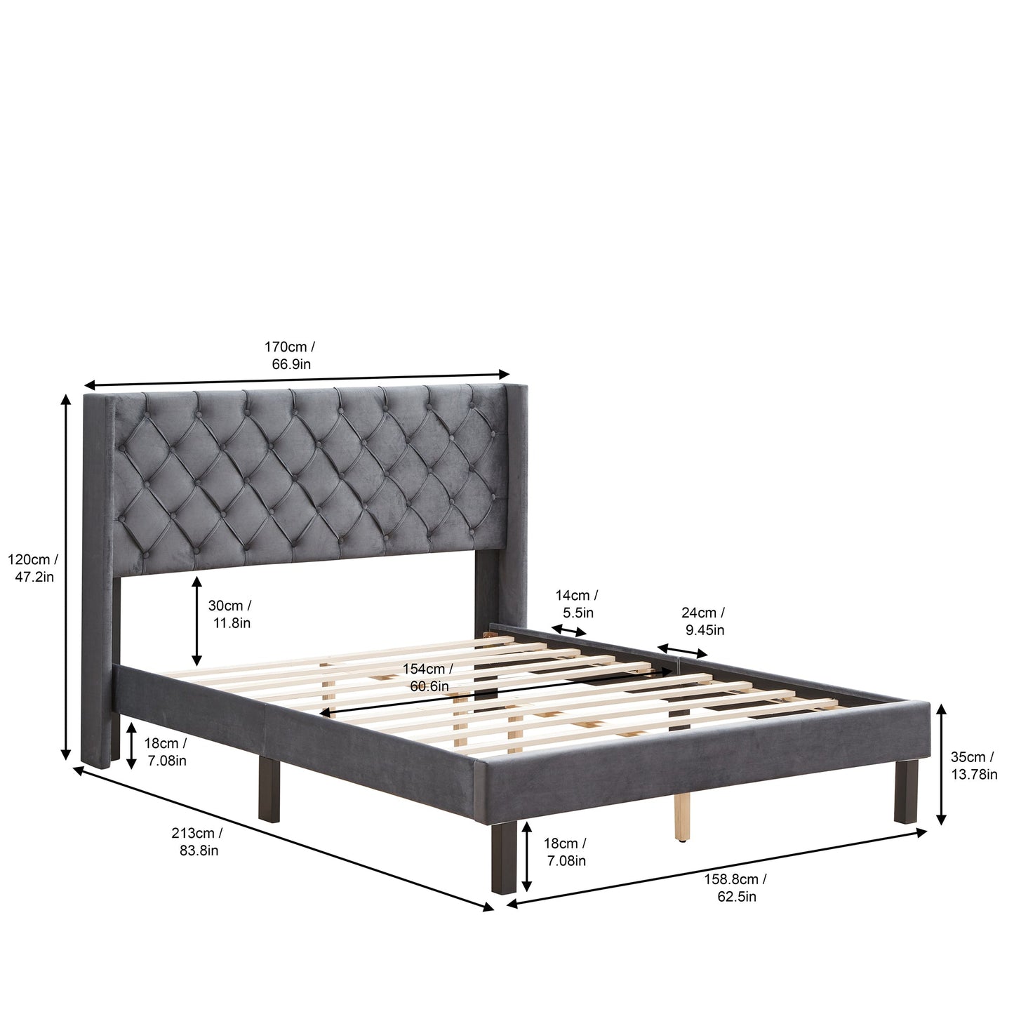 Velvet Button Tufted-Upholstered Bed with Wings Design - Strong Wood Slat Support - Easy Assembly - Gray Queen platform bed - Korvel