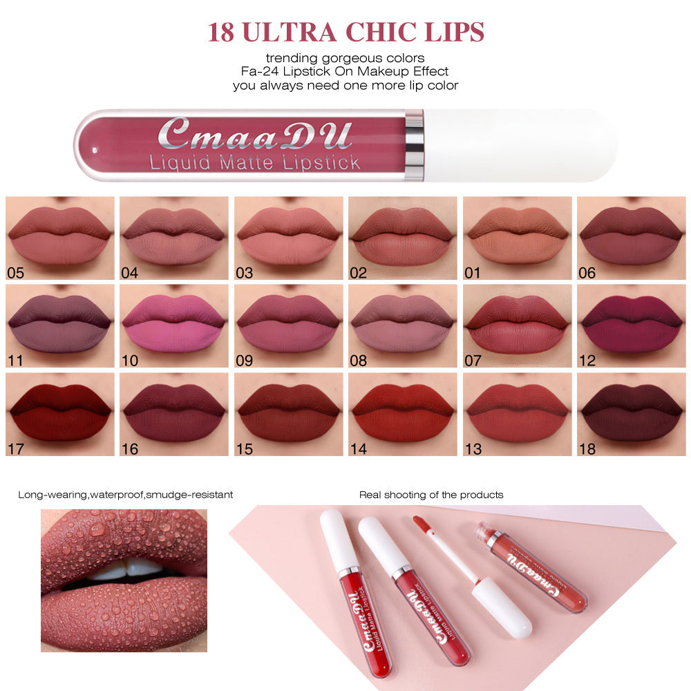 CmaaDu Pintalabios Mate de 18 Colores - Impermeable y de Larga Duración