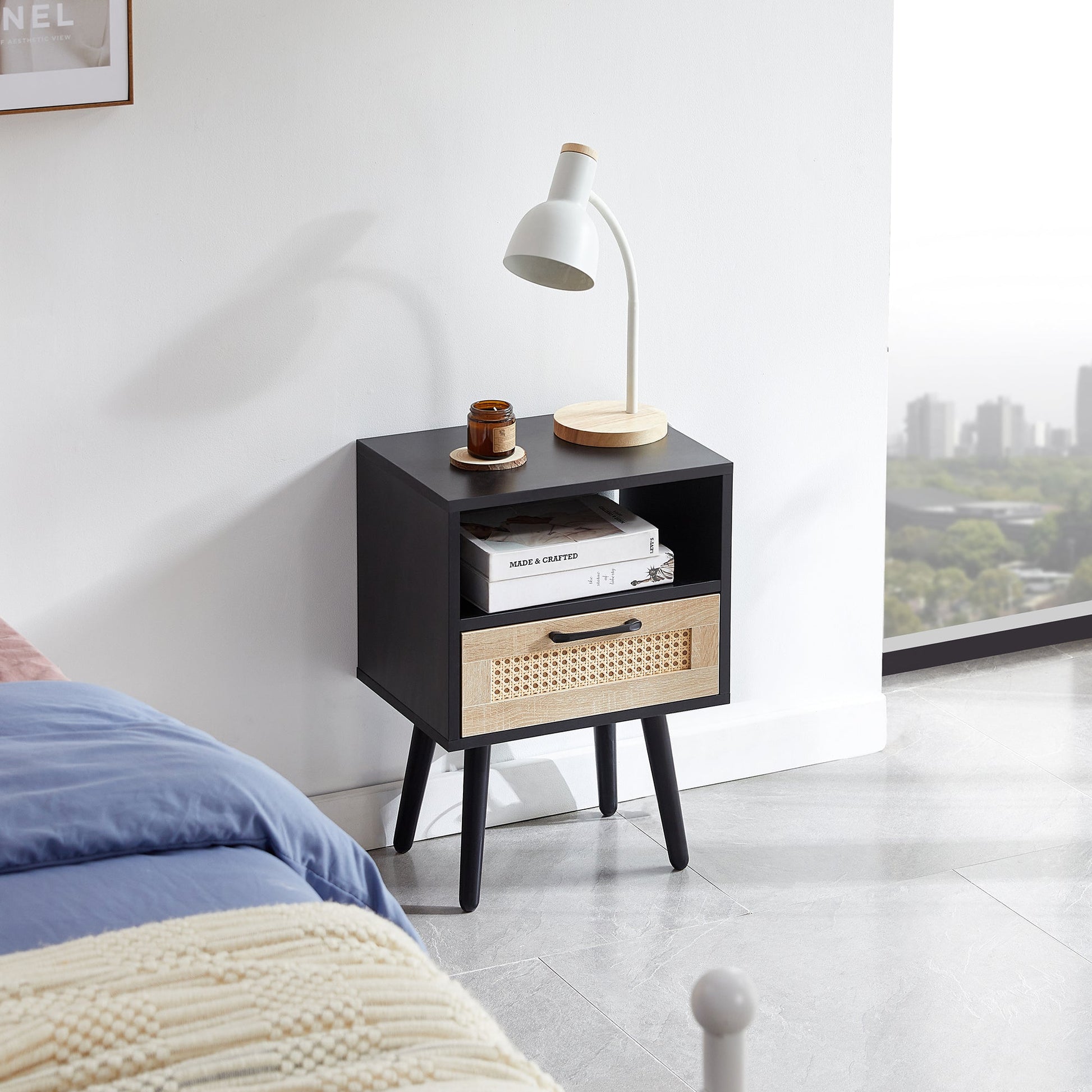 15.75" Rattan End table with drawer and solid wood legs Modern nightstand side table for living room black - Korvel