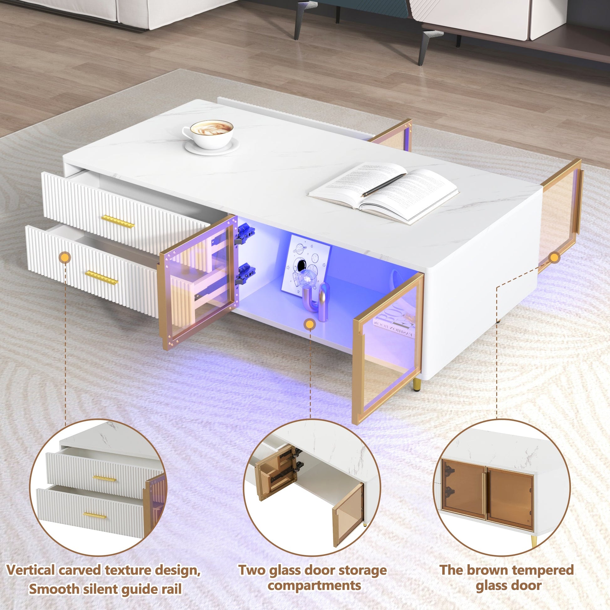 Modern White Coffee Table with 2 Glass Door Storage, 4 Drawers, Gold Metal Legs, and Multi-Color Lighting in 47.2' - Korvel