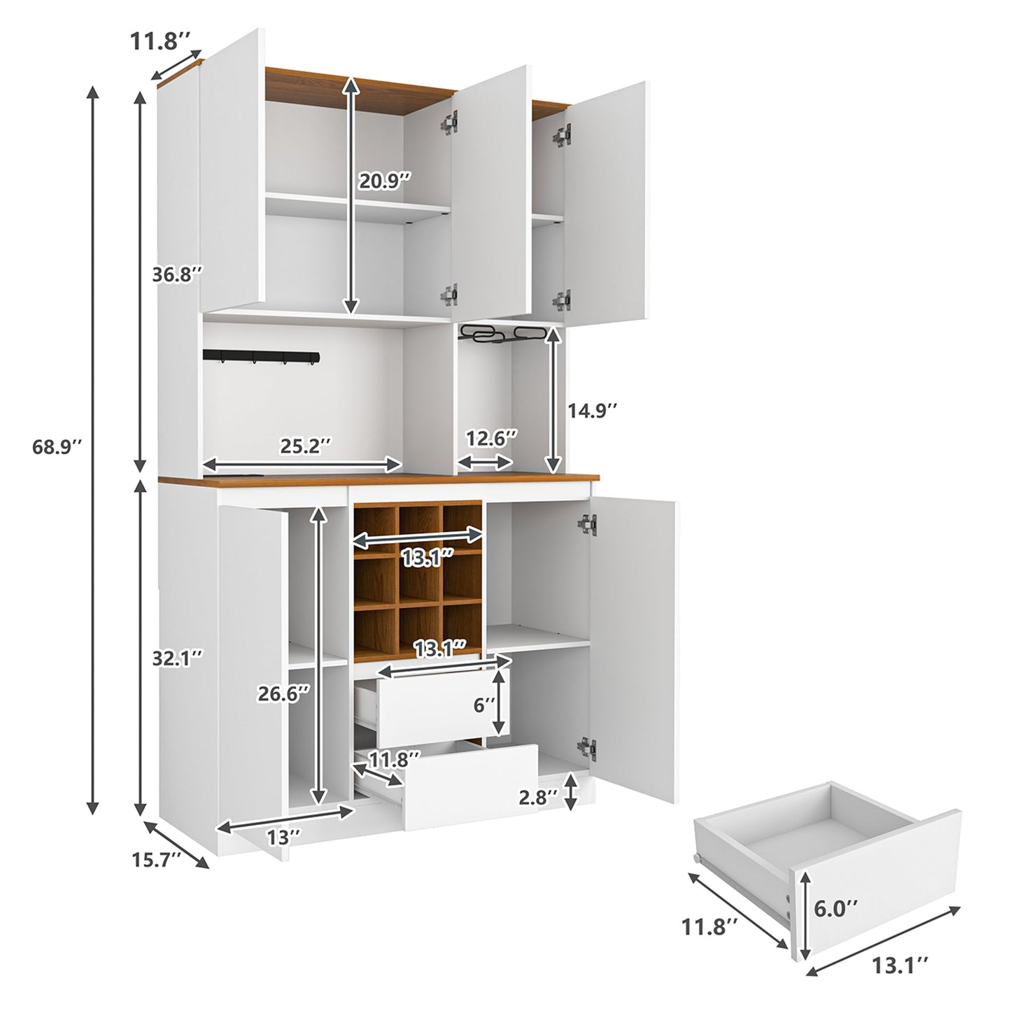 Farmhouse Coffee Bar Wine Cabinet ,68.89'' Kitchen Buffet Cabinet with Storage, Liquor Cabinet for Home & Dining Room - Korvel