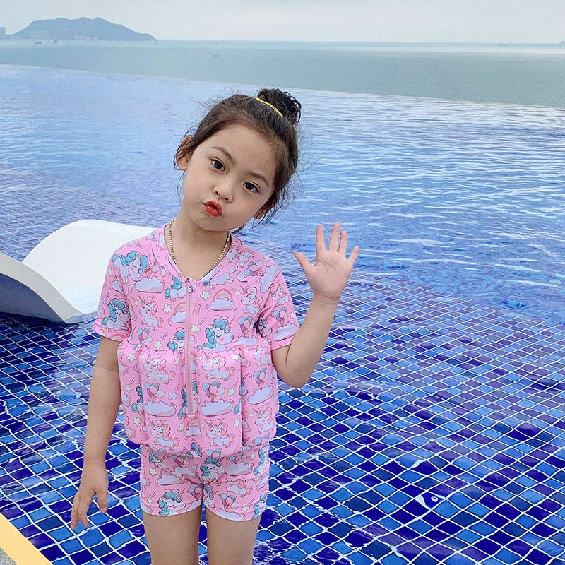 Children's buoyancy swimsuit for girls and boys, cute baby short sleeved zipper one-piece surfing floating vest swimsuit - Korvel