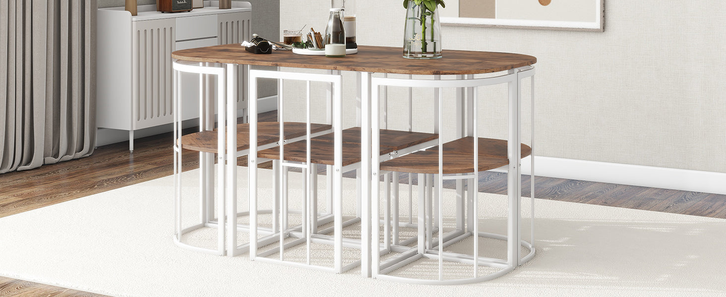 TOPMAX Modern 7-Piece Dining Table Set with Faux Marble Compact 55Inch Kitchen Table Set for 6  White+Cherry - Korvel