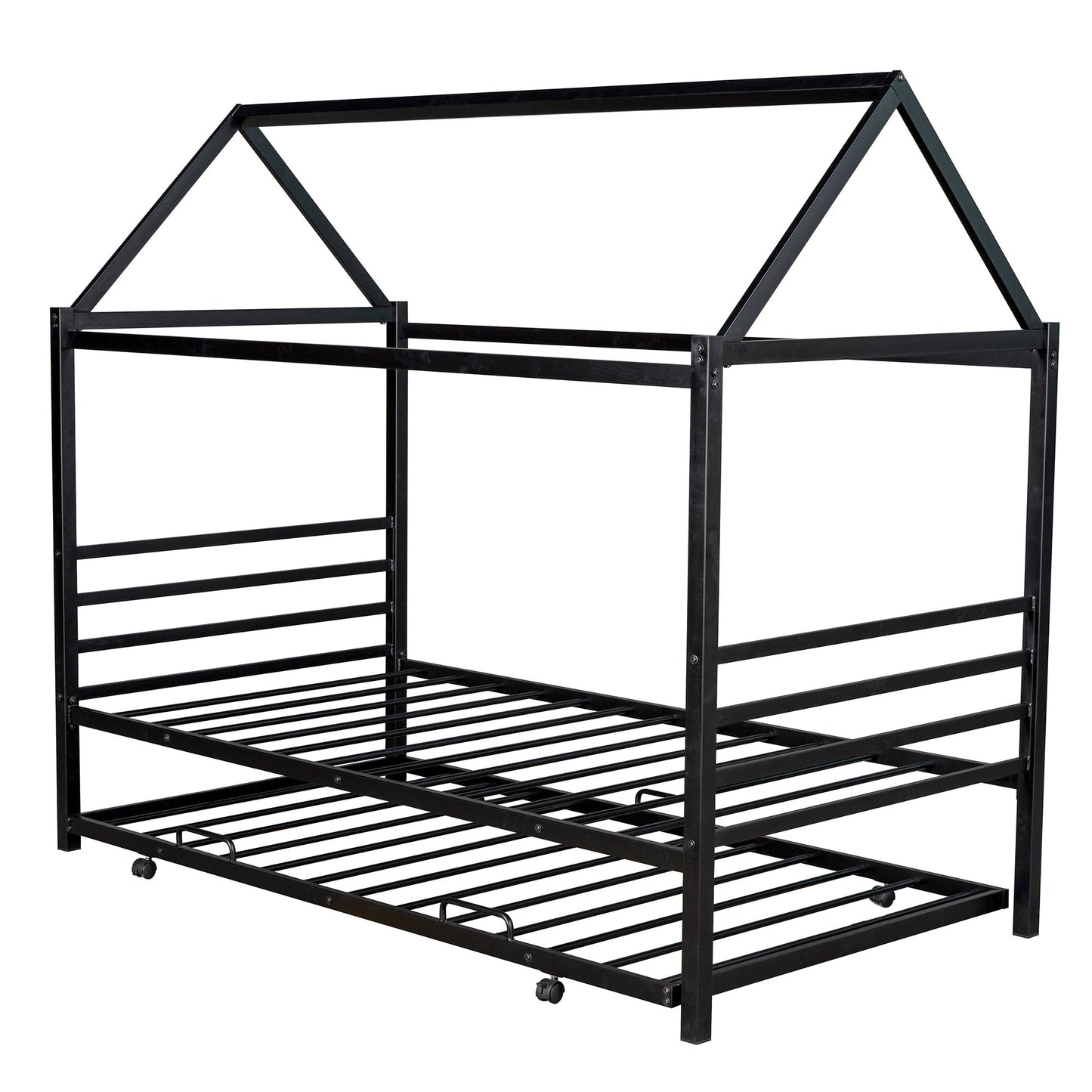Twin Size Metal House Shape Platform Bed with Trundle - Black