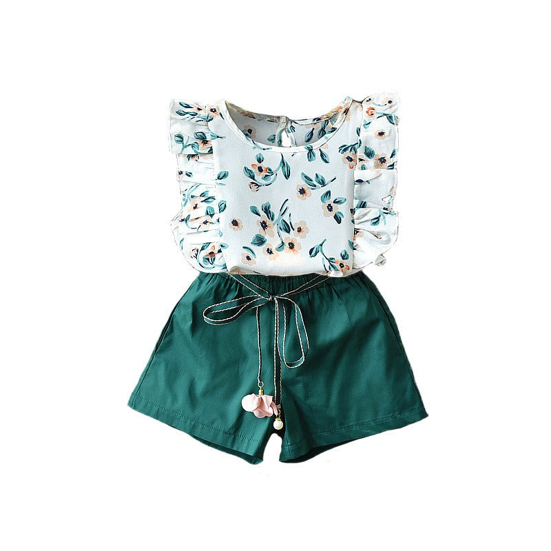 Children's Summer Korean Version Of The Girls' Suit Lace Sleeveless Tops Female Baby Loose Shorts Two-Piece - Korvel
