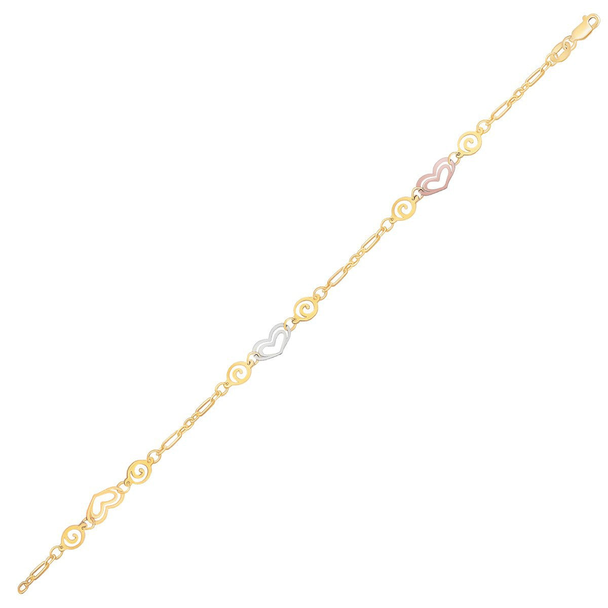 14k Tri-Color Gold Anklet with Heart Stations