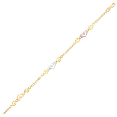 14k Tri-Color Gold Anklet with Heart Stations