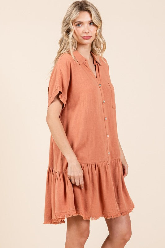 Linen Blend Button Down Shirt Mini Dress for Women