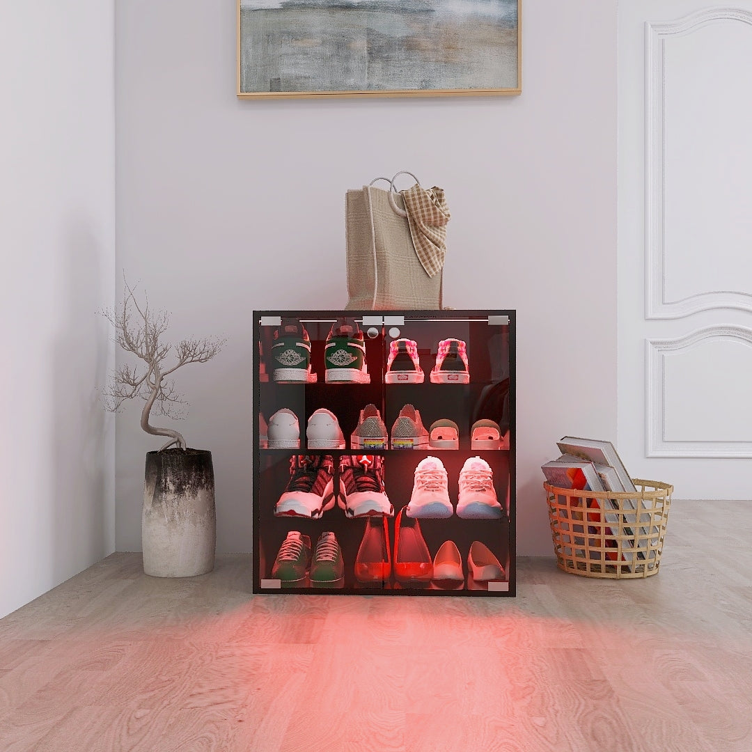 4 Layers Black Shoe Cabinet with Glass Door and Glass Layer Shoes Display Cabinet with LED light Bluetooth Control - Korvel