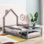 Lit simple taille jumeau en bois gris avec tête de lit en forme de maison