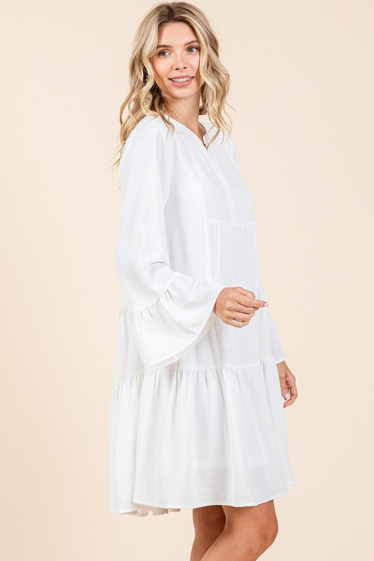 Chic Tiered Flare Sleeve Dress – Stylish Elegance with Notched Neckline - Korvel
