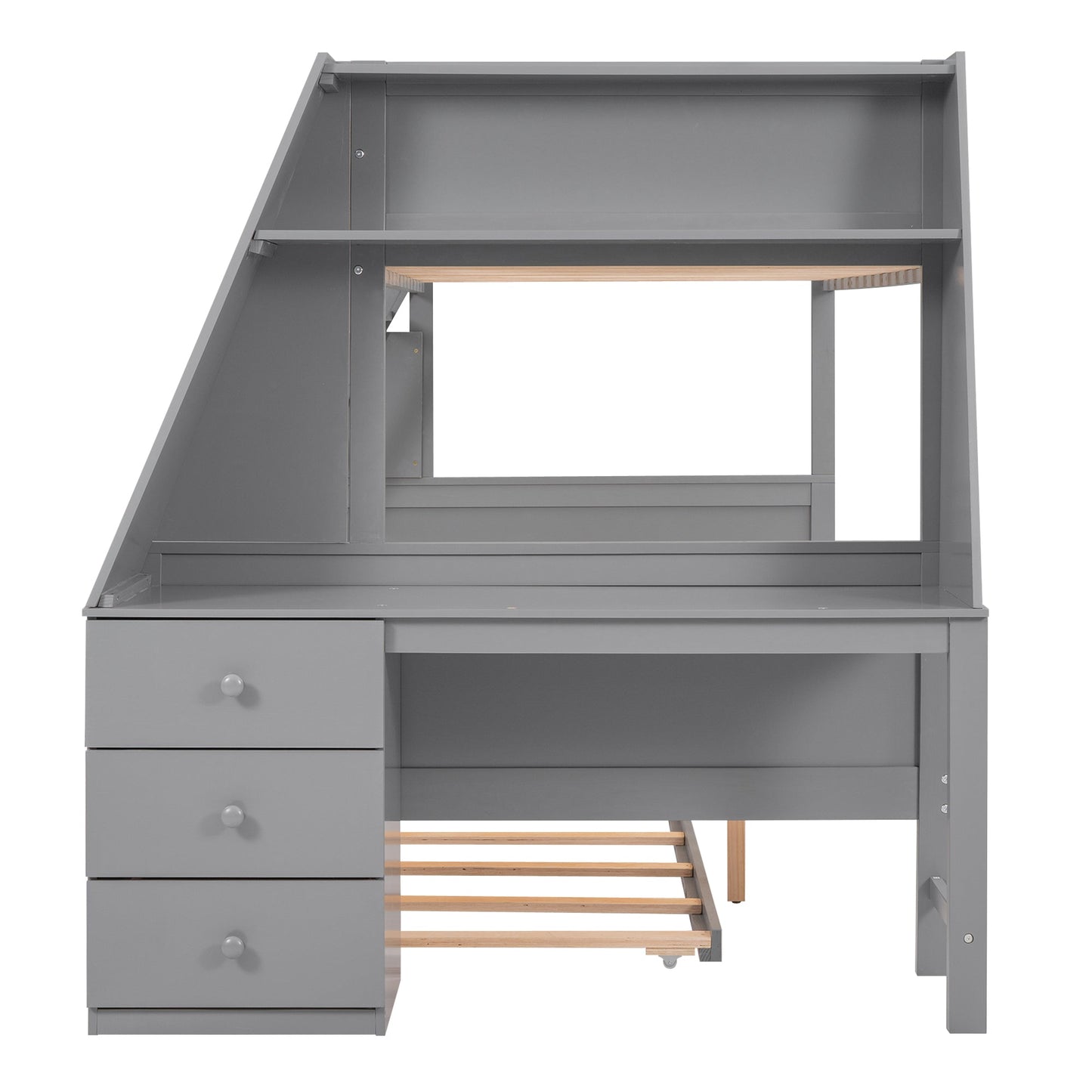 Lit superposé jumeau sur grand lit avec lit gigogne et bureau en gris