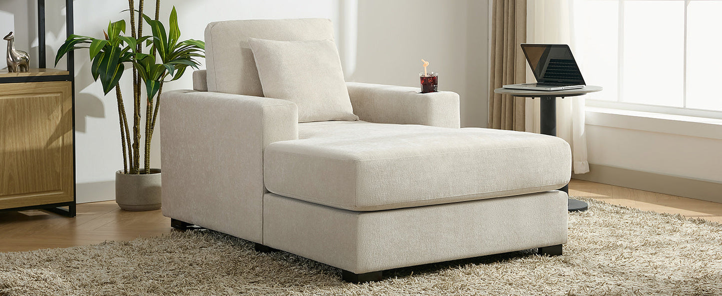 39.7" Oversized Chaise Lounger Modern Style Sofa Couch ,with Pillows, Charge Station & Cup Holders, Chenille Fabric, Cream - Korvel