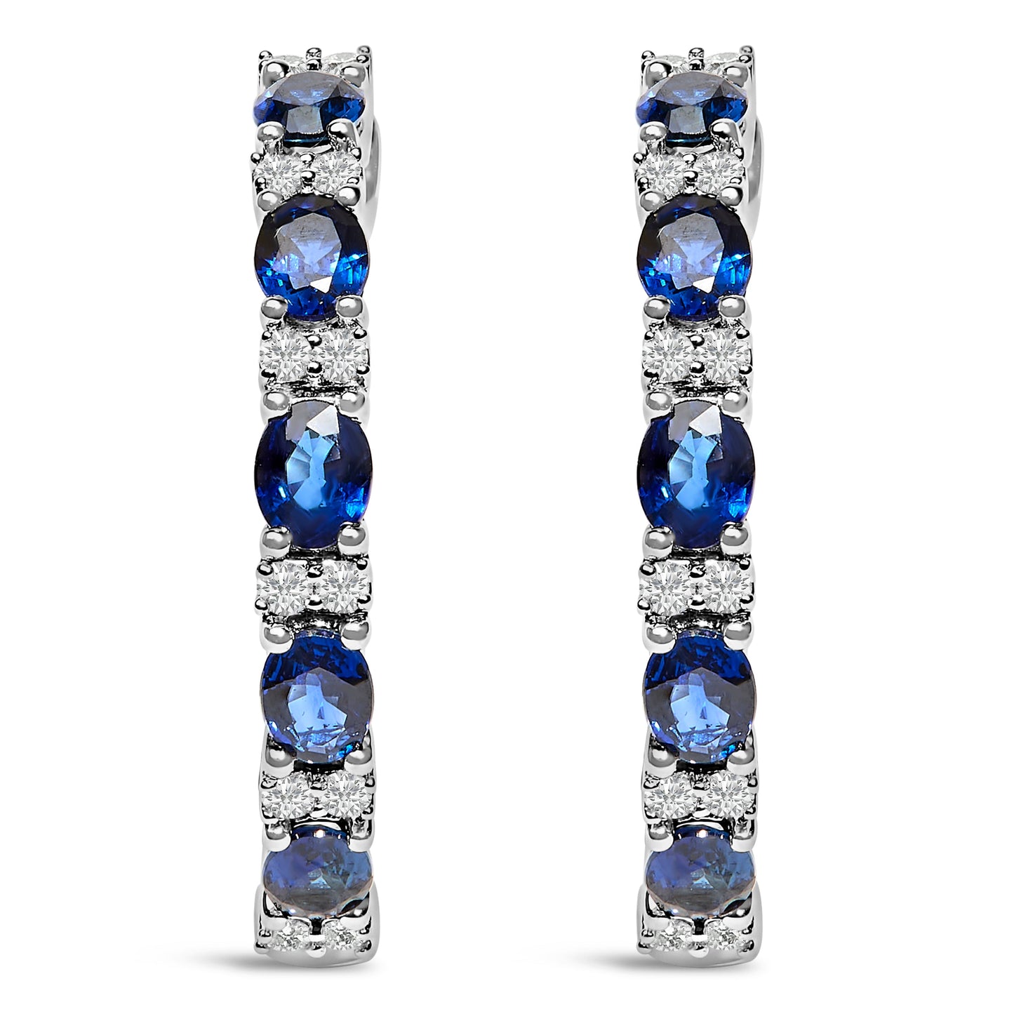 14K White Gold Oval Blue Sapphire & Diamond Hoop Earrings