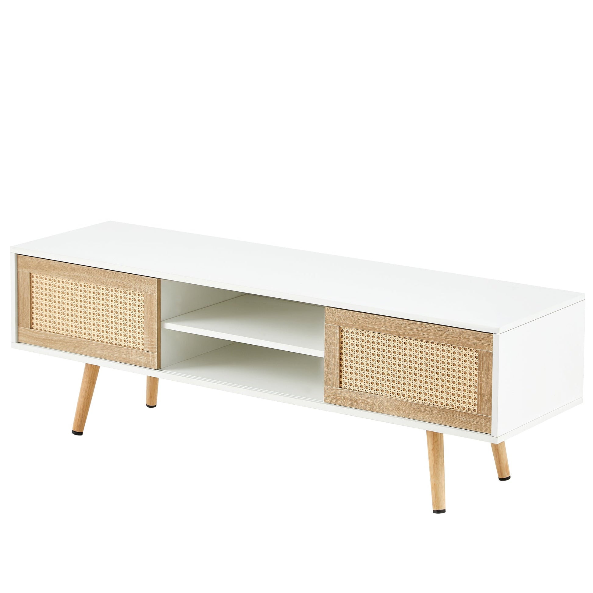 55.12" Rattan TV cabinet double sliding doors for storage adjustable shelf solid wood legs TV console for living room  White - Korvel