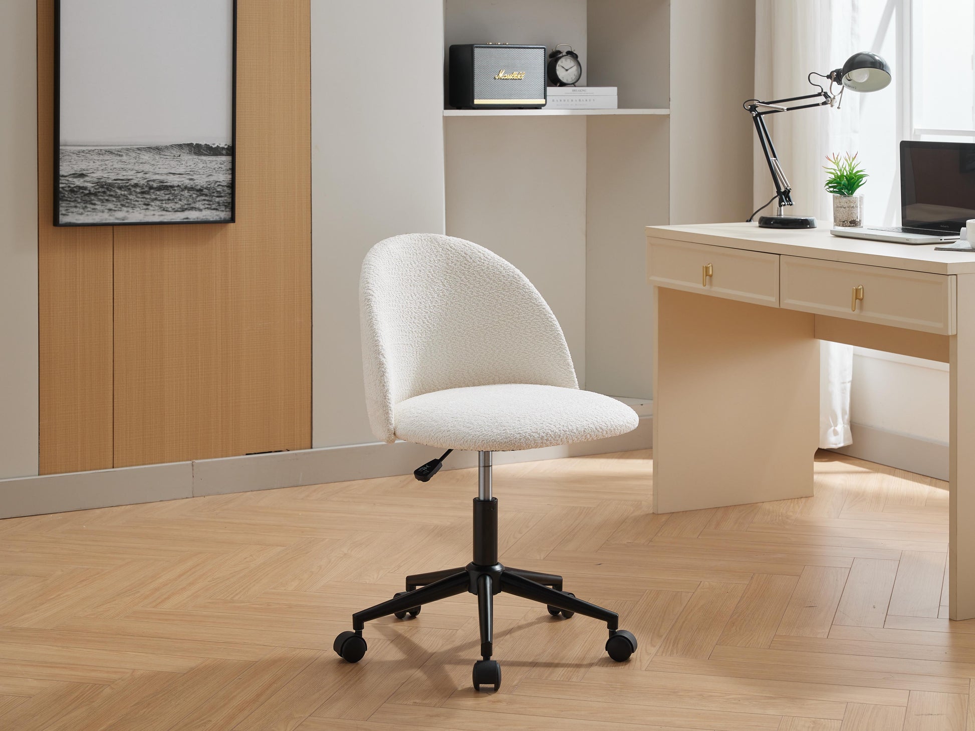 Velvet fabric office chair, mid back adjustable rotating computer chair, black legs, cushioned office chair with wheels ，White - Korvel