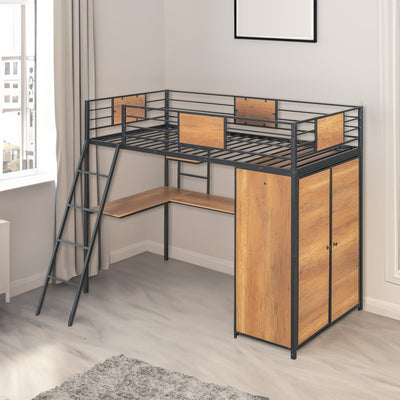 Twin Size Loft bed with L-shape Desk and Wardrobe, Black - Korvel