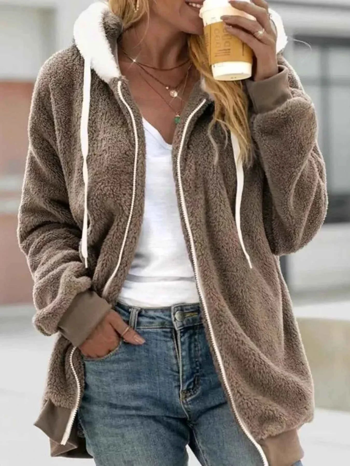 Cozy Fleece Zip-Up Hooded Jacket - Plus Size