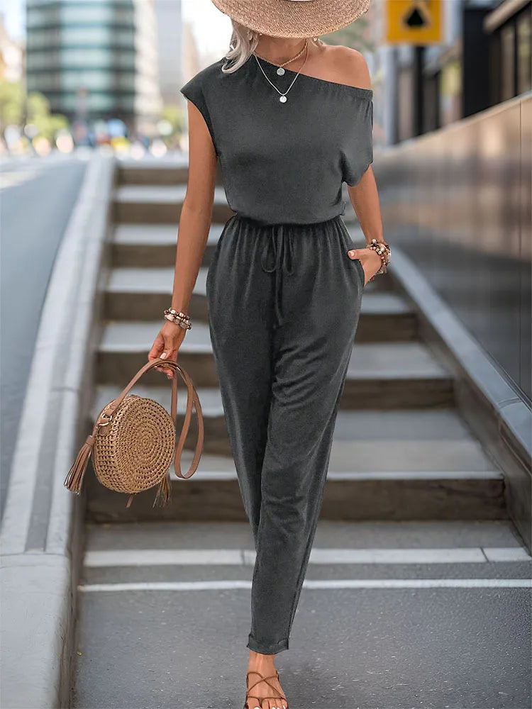 Perfee Single Shoulder Short Sleeve Jumpsuit - Korvel