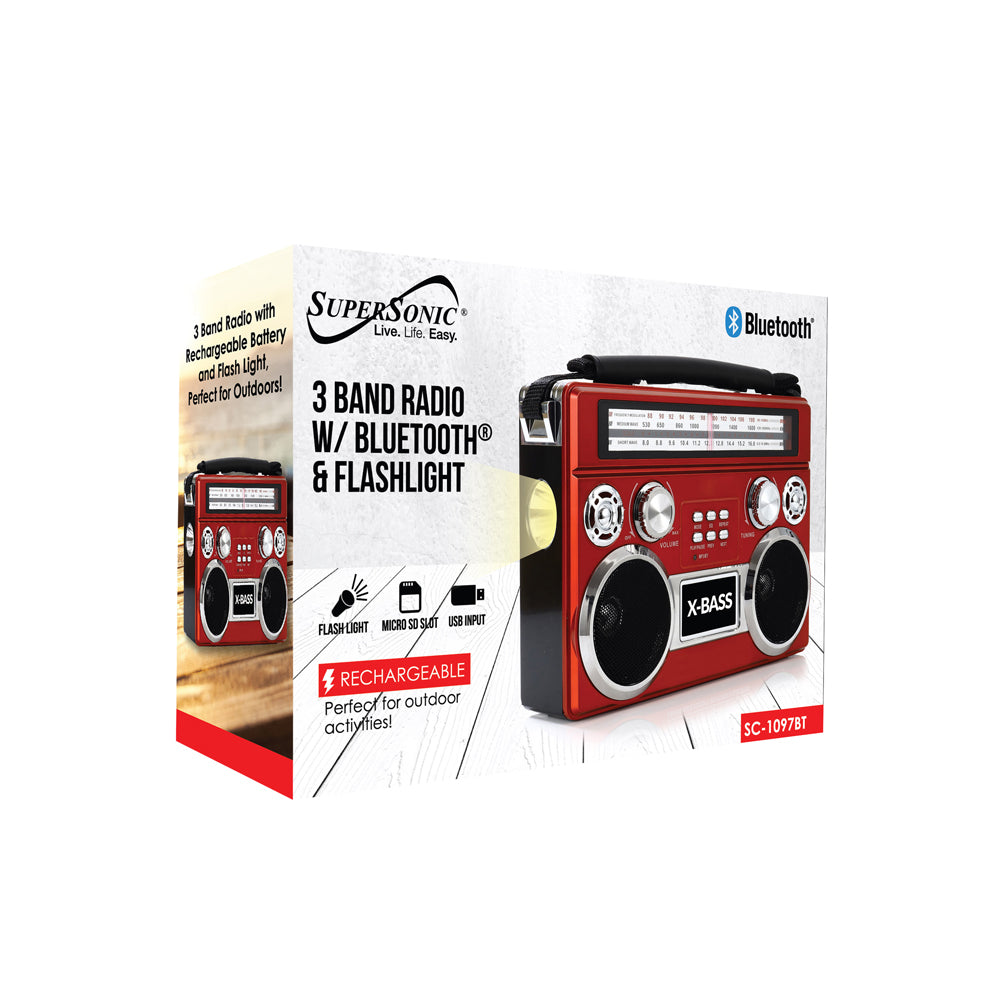 All-in-One Portable 3 Band Radio with Bluetooth & Emergency Flashlight - Korvel